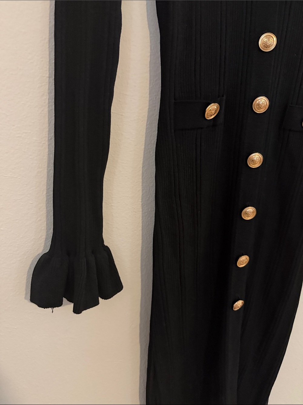 Lulu's Black Ribbed V‑Neck Midi Dress with Gold Buttons - Picture 3 of 9